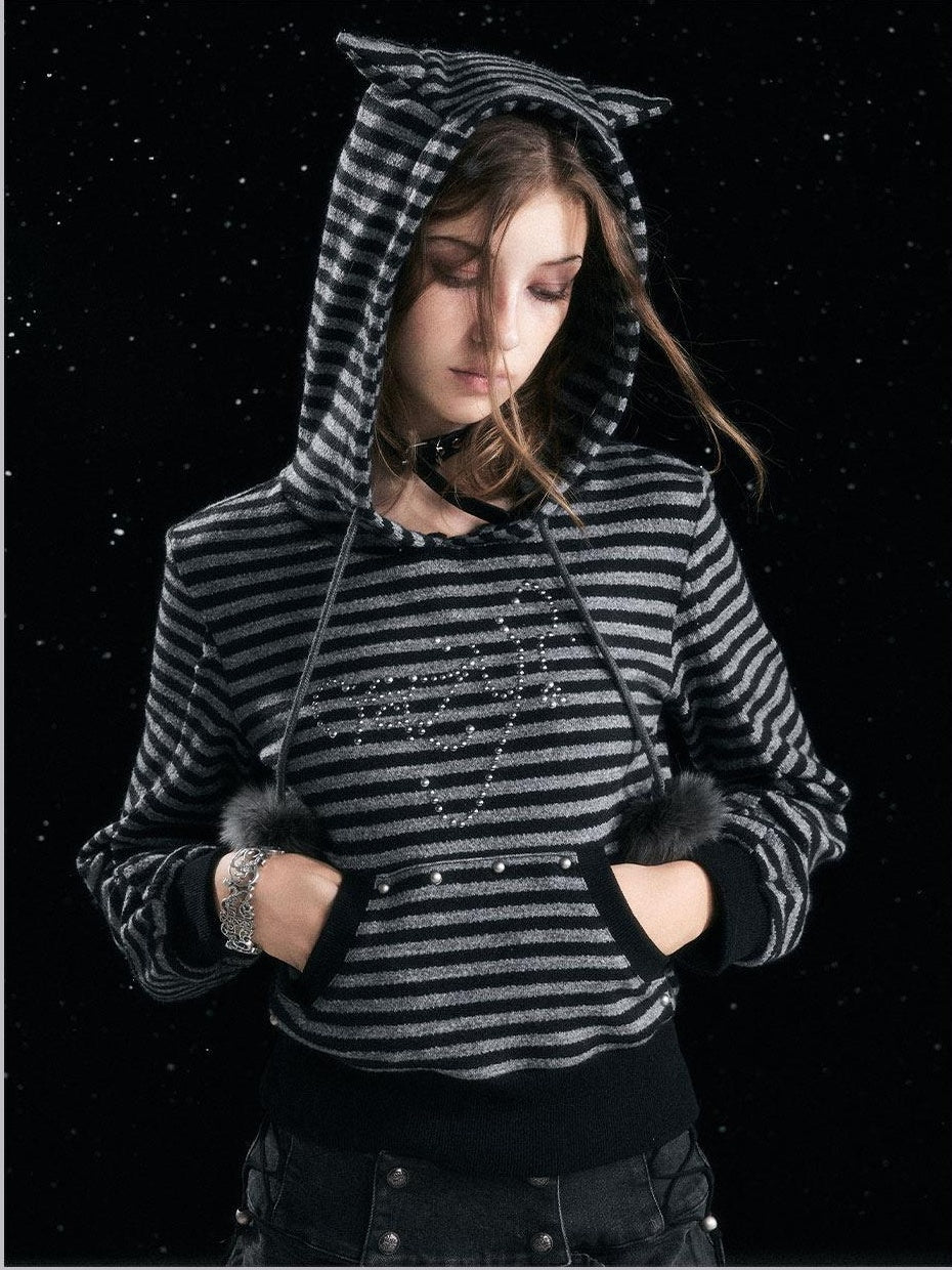 Cest Nous Acrylic Blend Loose Fit Commuter Pullover Women Striped Black Gray Hooded Hoodie