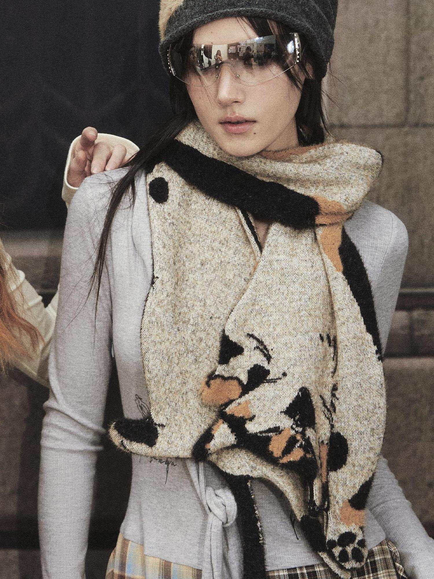OfAkiva Versatile Decorative Printed Korean Rectangular Cute Cat Motif Unisex Scarves