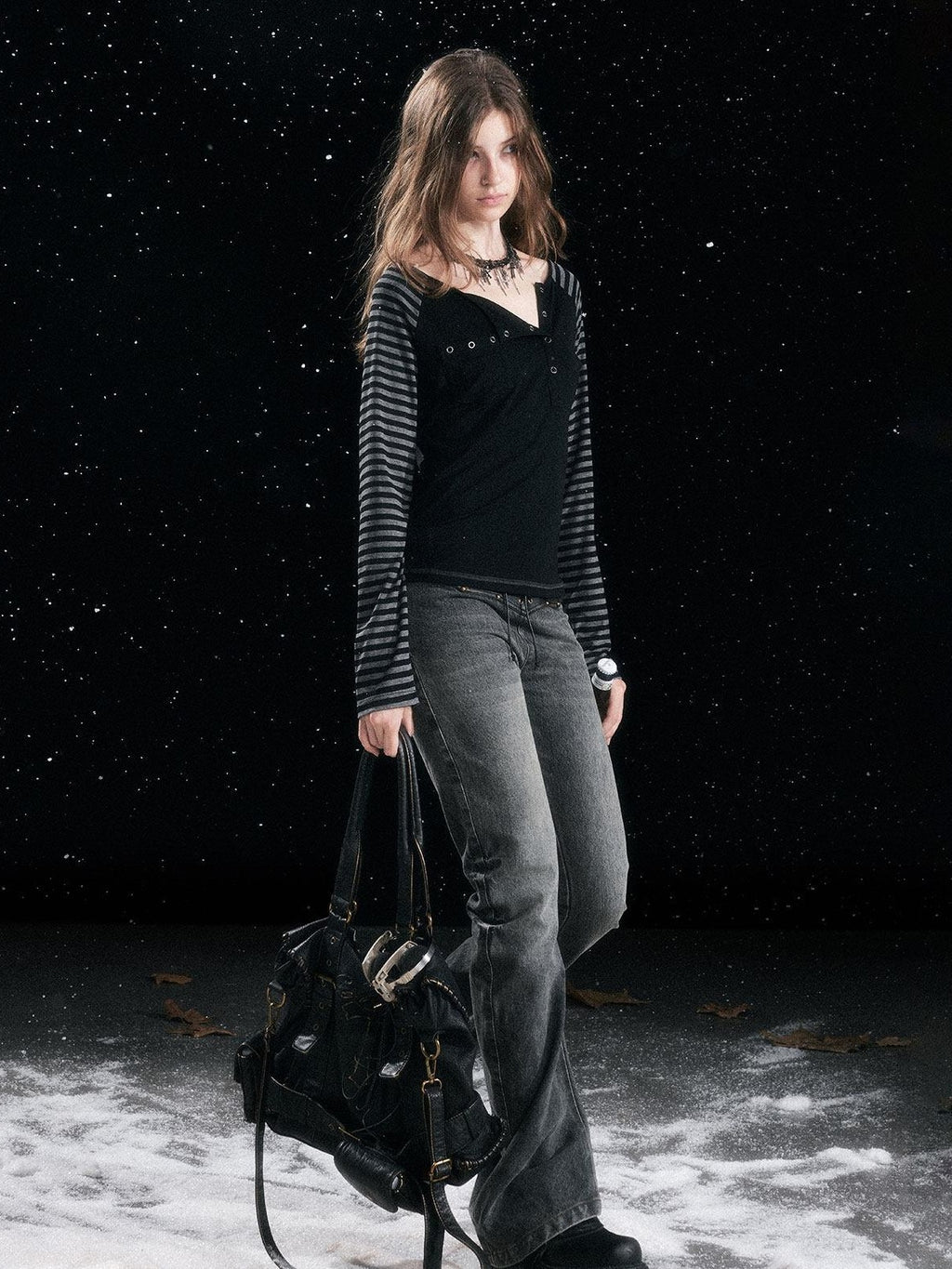 Cest Nous Vintage Patchwork Natural Waist Women Daily Washed Black Cotton No Stretch Jeans