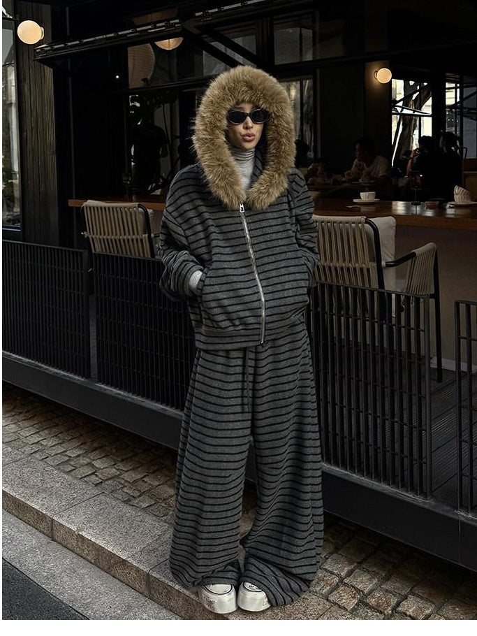 ZERO Thick Striped Light Stretch Long Sleeve Casual Women Top & Pants Sets