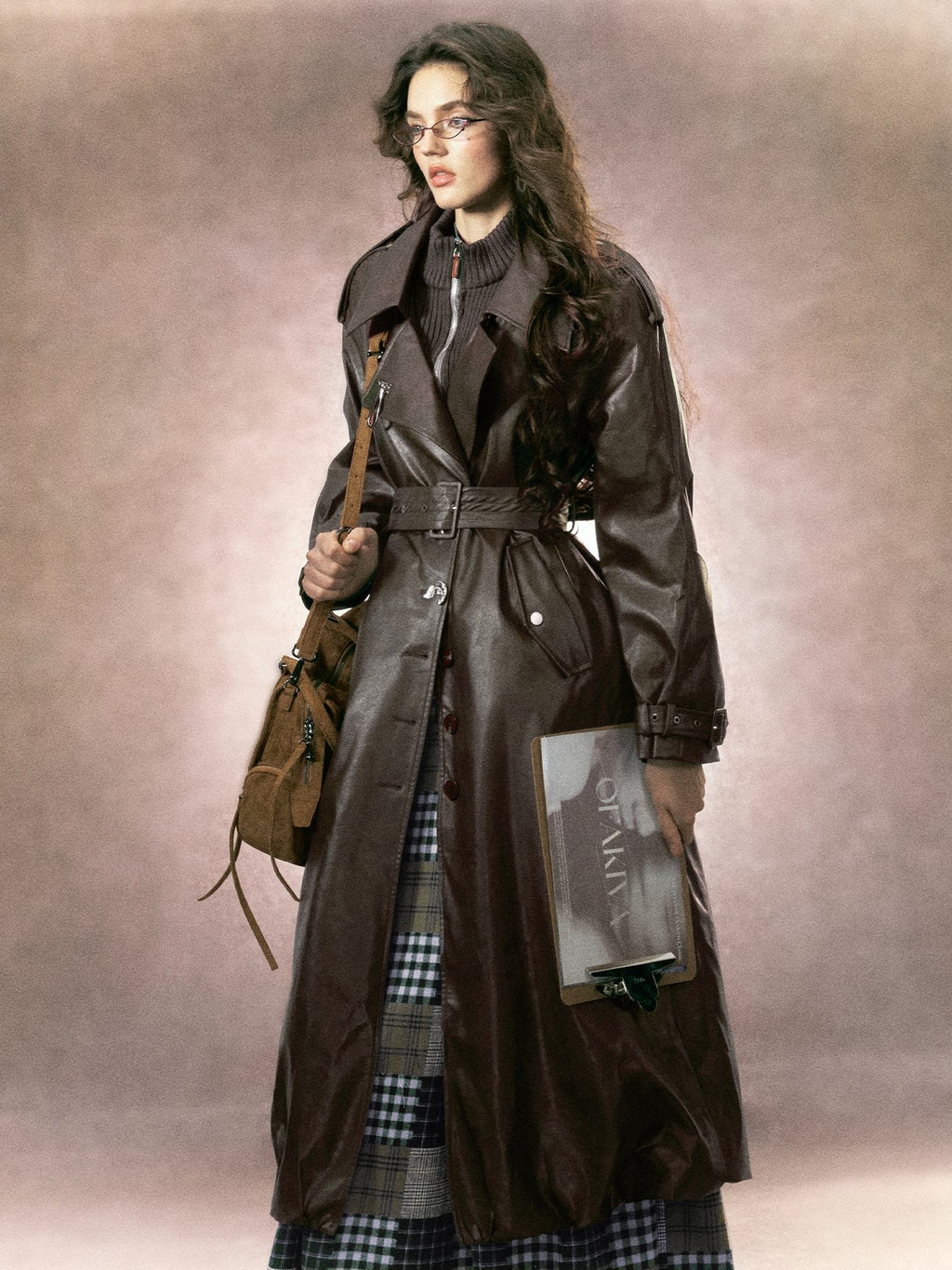OfAkiva Thick Faux Leather Slim Fit Blazer Collar Pocket Midlength Women Long Coats