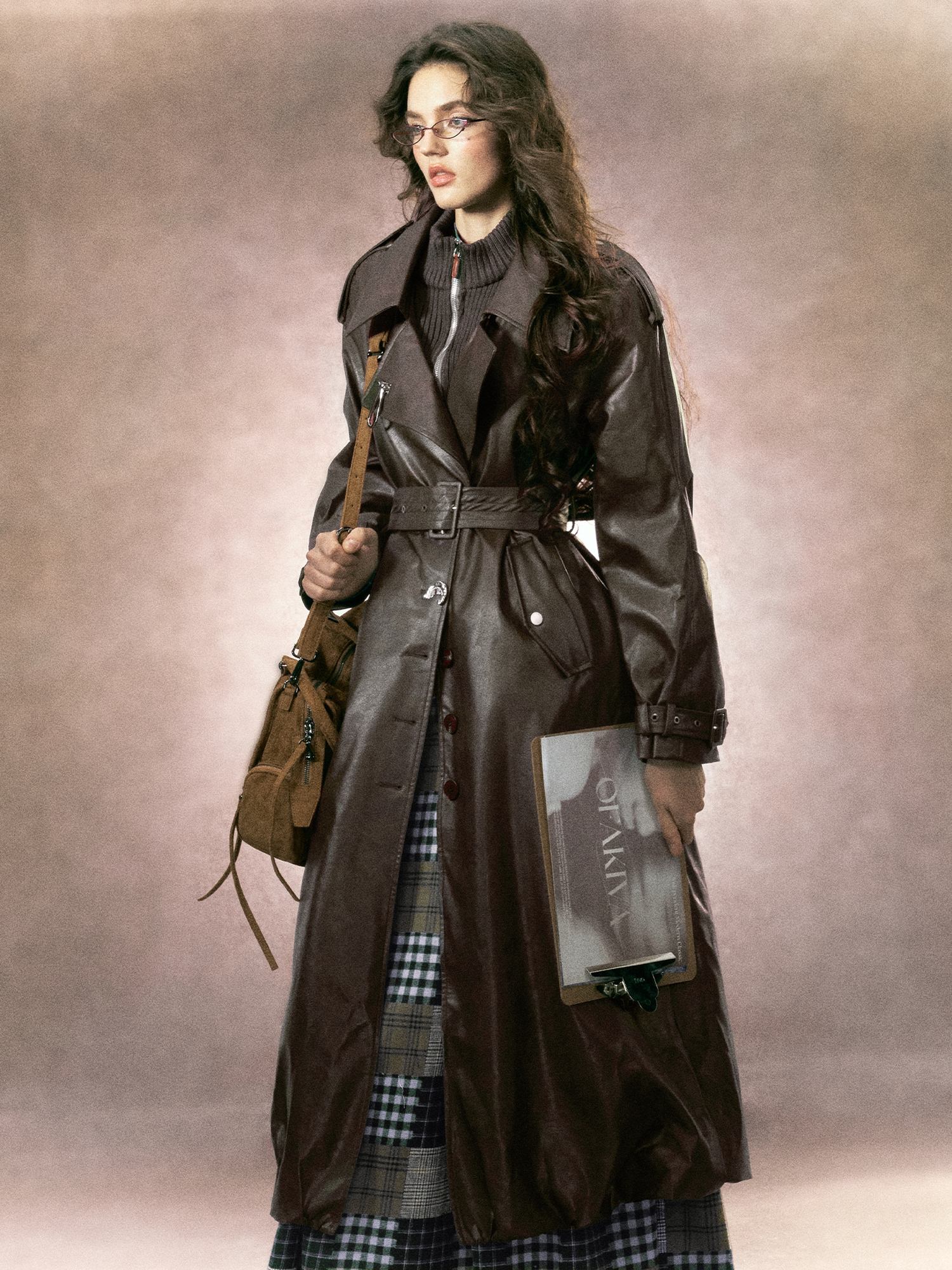 OfAkiva Thick Faux Leather Slim Fit Blazer Collar Pocket Midlength Women Long Coats