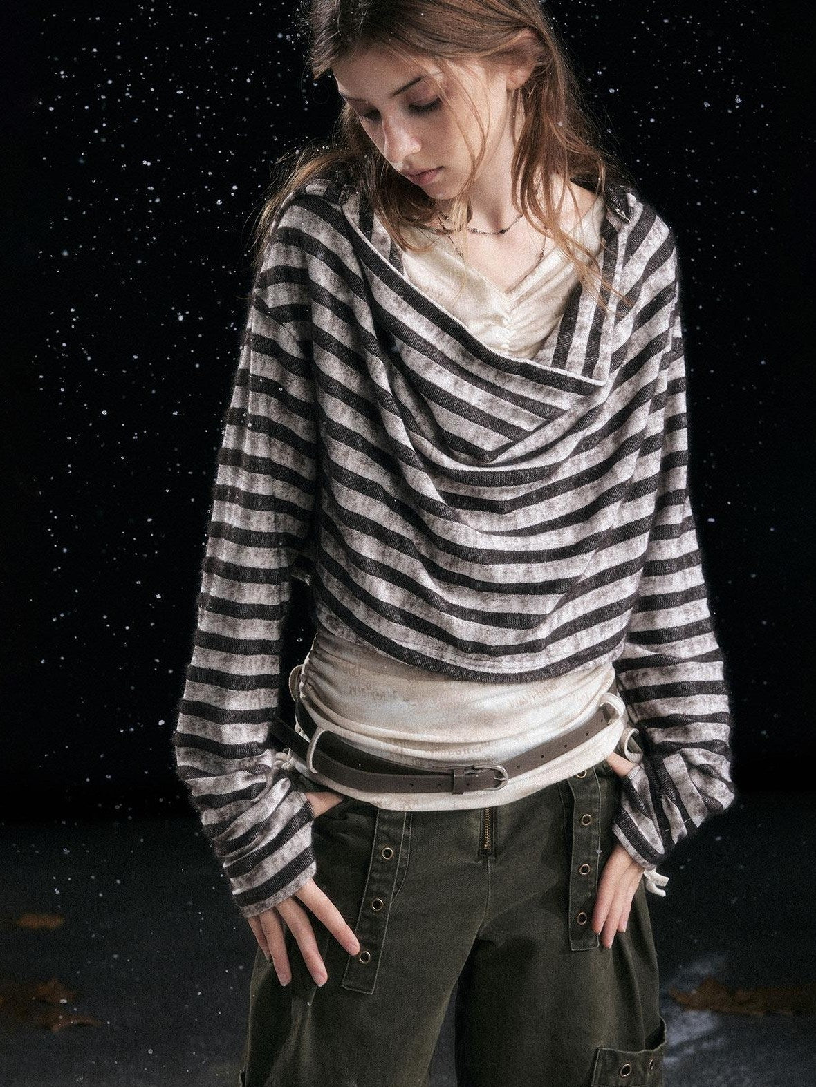 Cest Nous Distressed Relaxed Fit Hooded Striped Pullover Casual Women Viscose Knitwear