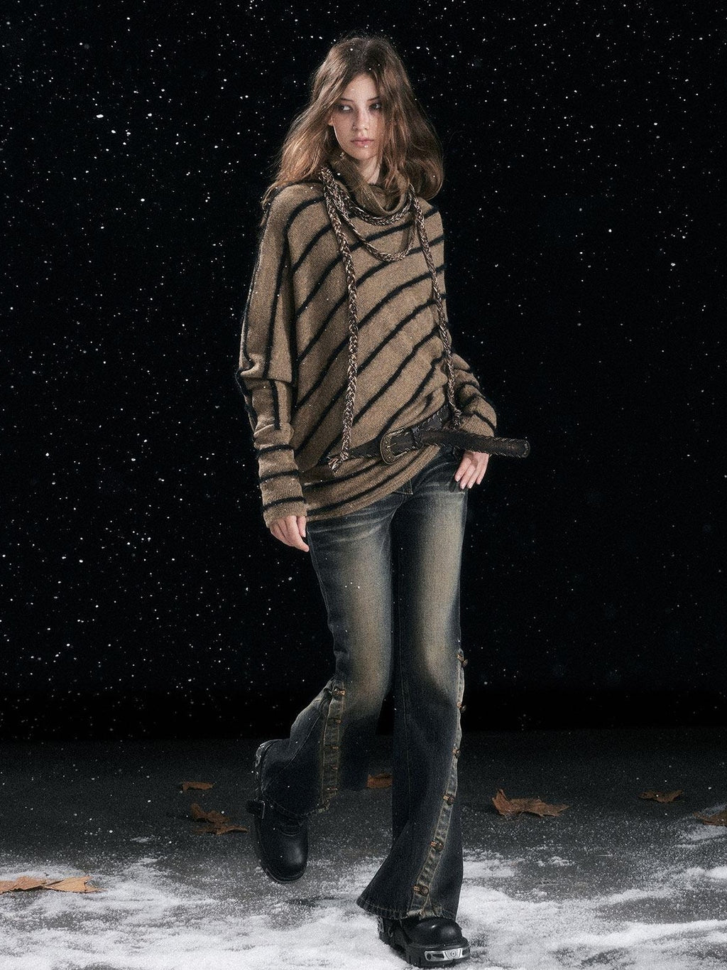 Cest Nous Cozy Thick Street Oversized Batwing Turtleneck Tie Front Women Striped Sweaters