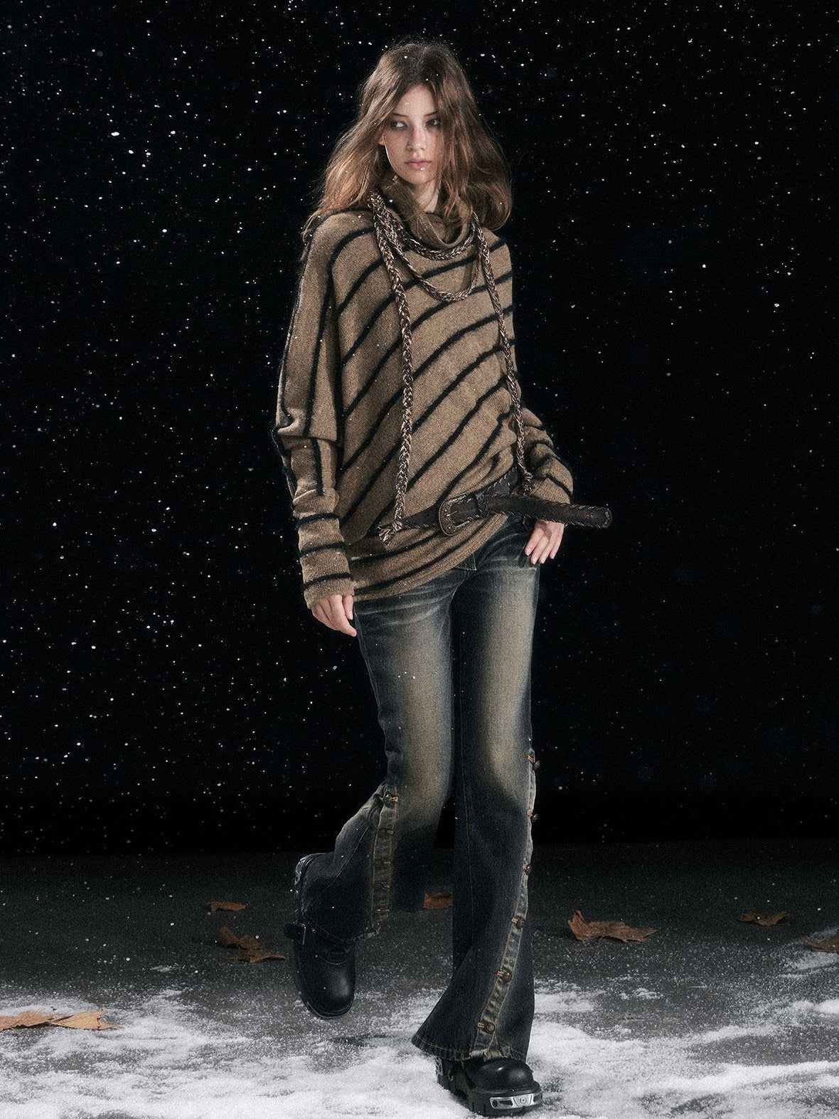 Cest Nous Cozy Thick Street Oversized Batwing Turtleneck Tie Front Women Striped Sweaters