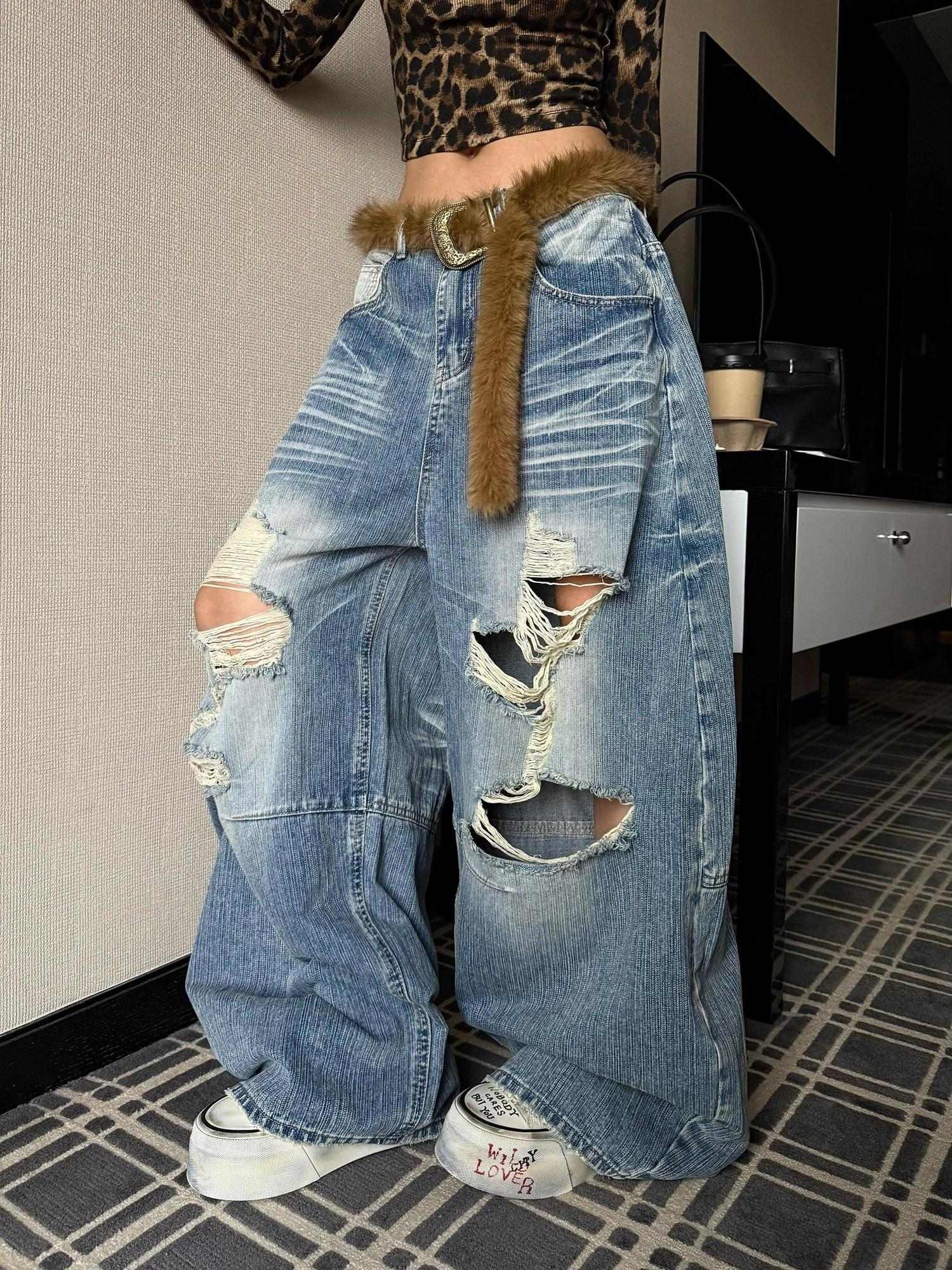 ZERO Durable Ripped Low Rise Casual Loose Fit Washed Blue Cotton Wide Leg Jeans