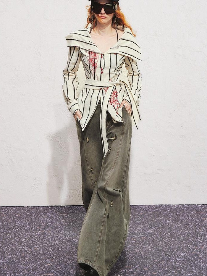 OfAkiva 100 Percent Cotton Breathable Slim Fit Puff Sleeve Striped Cardigan Blouses