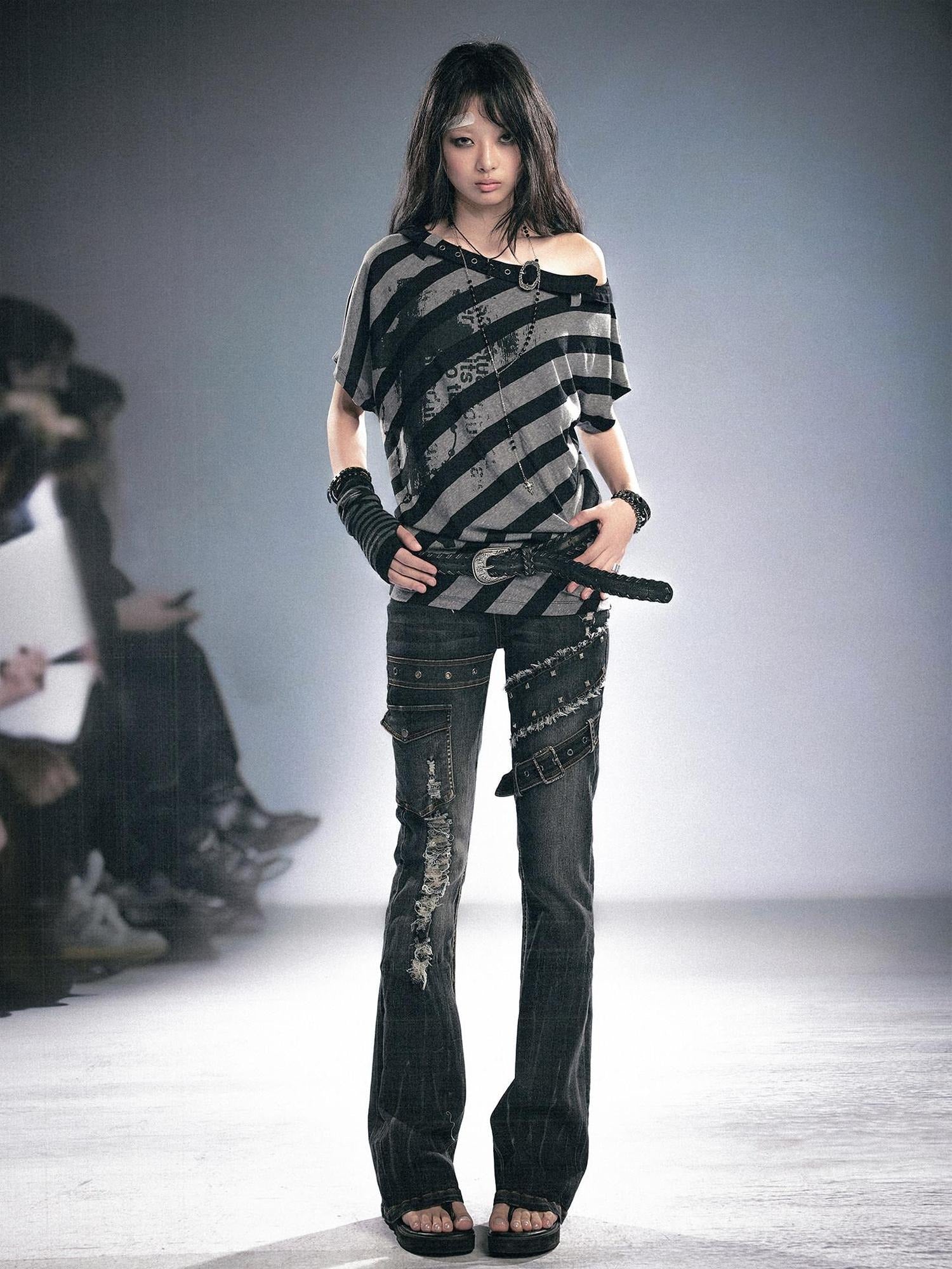 Cest Nous Punk Stripe Batwing Short Sleeve Asymmetric Neck Black Grey Offshouldercroptops