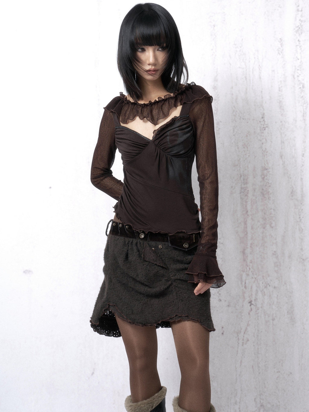 OPEN AESTHETIC Cotton Blend Vintage Lace Print Slim Bell Sleeve Dark Brown Long Sleeve T-Shirts