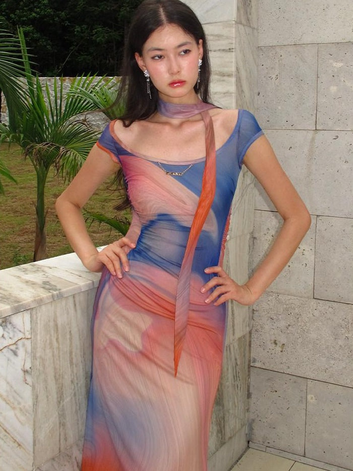 OfAkiva Sexy Printed High Waist Aline Square Neck City Work Women Polyester Maxi Dresses