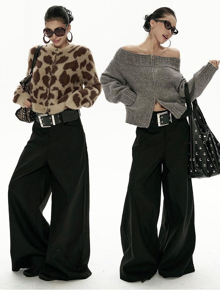 ZERO Comfortable Low Waist Casual Straight Cut Black Polyester Women Wide Leg Pants
