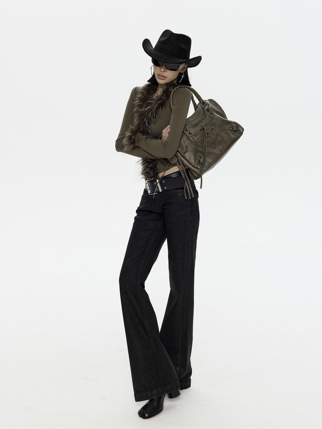 ZERO Warm Viscose Knit Slim Fur Collar Pullover Women Green Long Sleeve T-Shirts