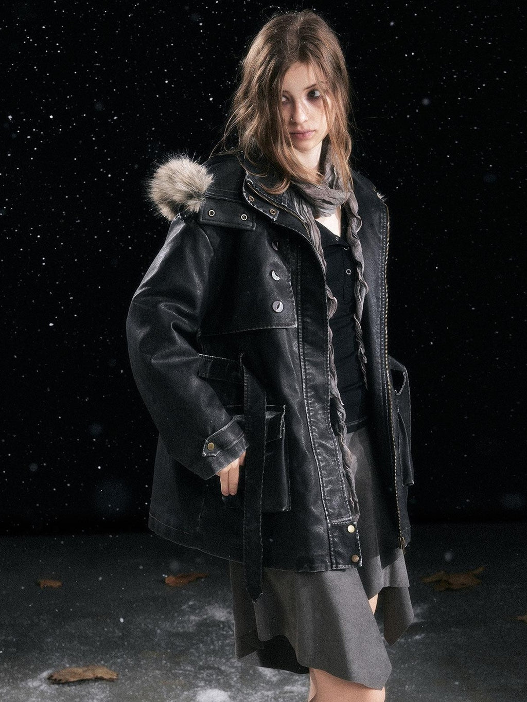 Cest Nous Insulated Commuter Hooded Straight Women Washed Black Leatherjackets