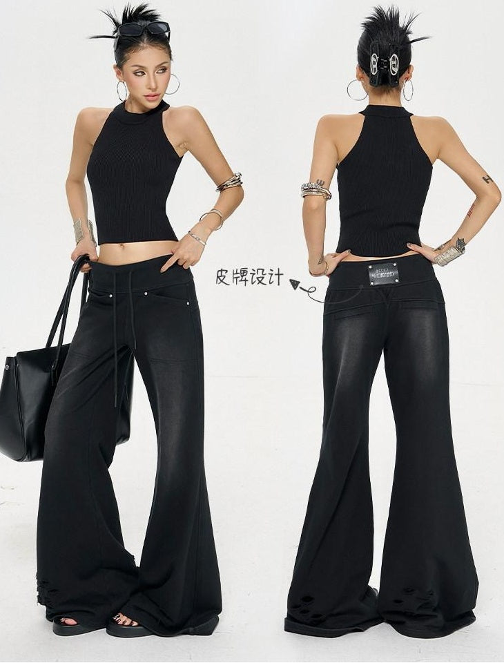 ZERO Soft Washed Cotton Low Rise Elastic Waist Loose Street Women Black Flared Pants