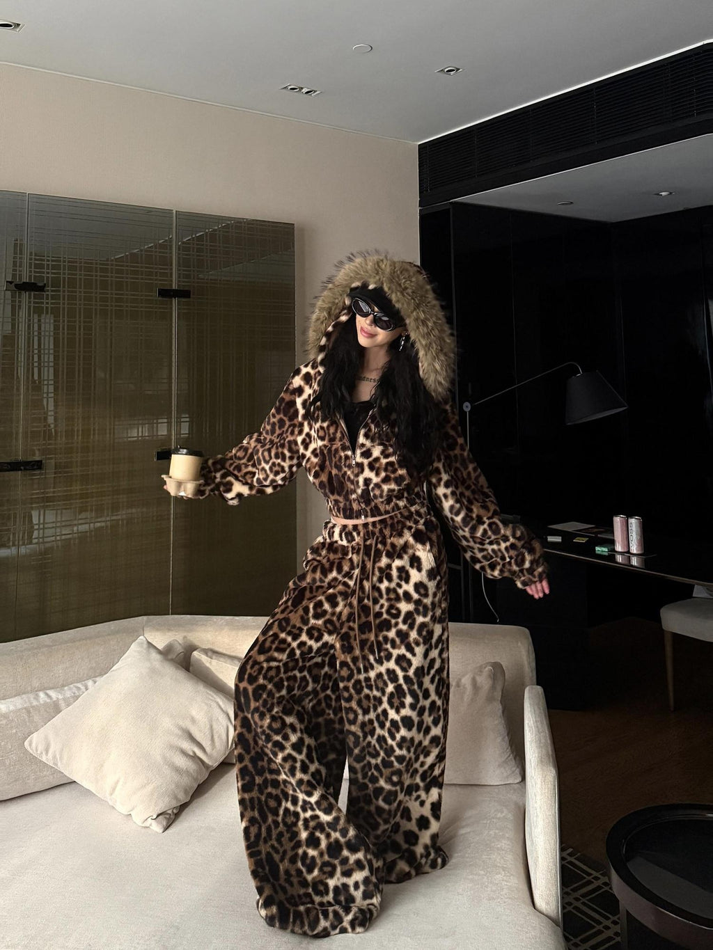 ZERO Fleece Lined Warm Loose Hooded Zipper Women Leopard Print Top & Pants Sets