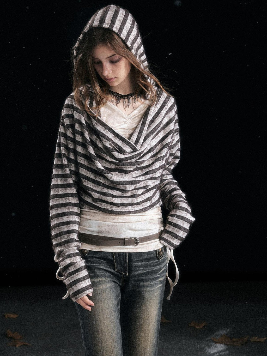 Cest Nous Distressed Relaxed Fit Hooded Striped Pullover Casual Women Viscose Knitwear