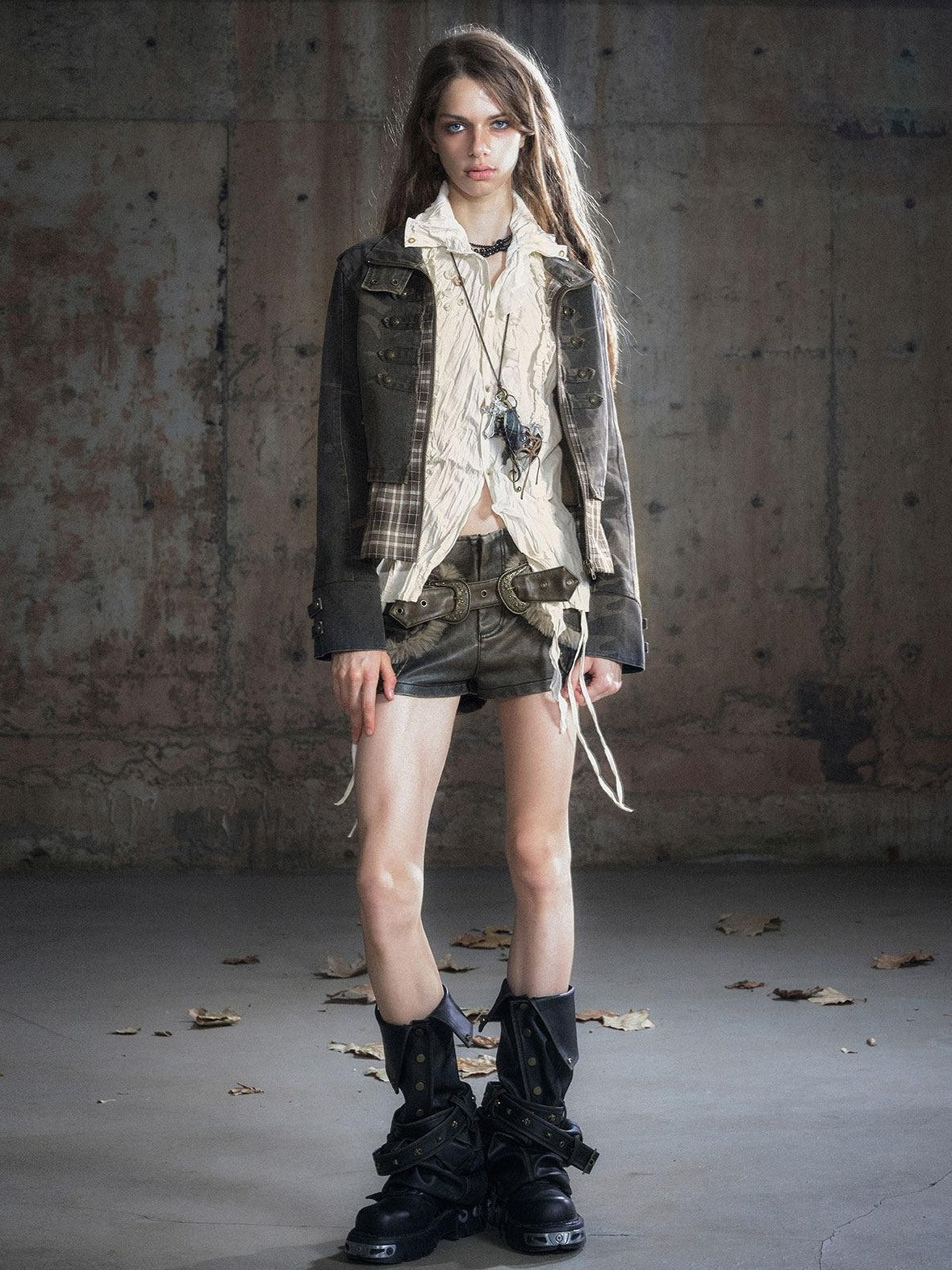 Cest Nous Frayed Punk Stand Collar Camo Cotton Button Long Sleeve Women Croppedjackets