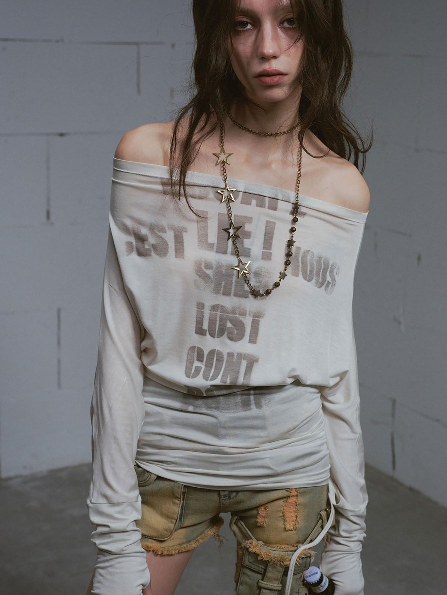 Cest Nous Lyocell Printed Street Punk Loose Batwing Women Crop Offshouldercroptops