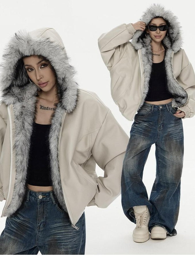 ZERO Pu Leather Hooded Zipper Thick Oversized Street Youth Black Leather Jackets