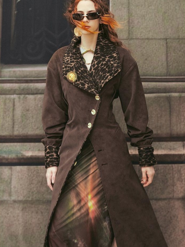 OfAkiva Faux Leather Windproof Vintage Straight Stand Collar Leopard Women Long Coats
