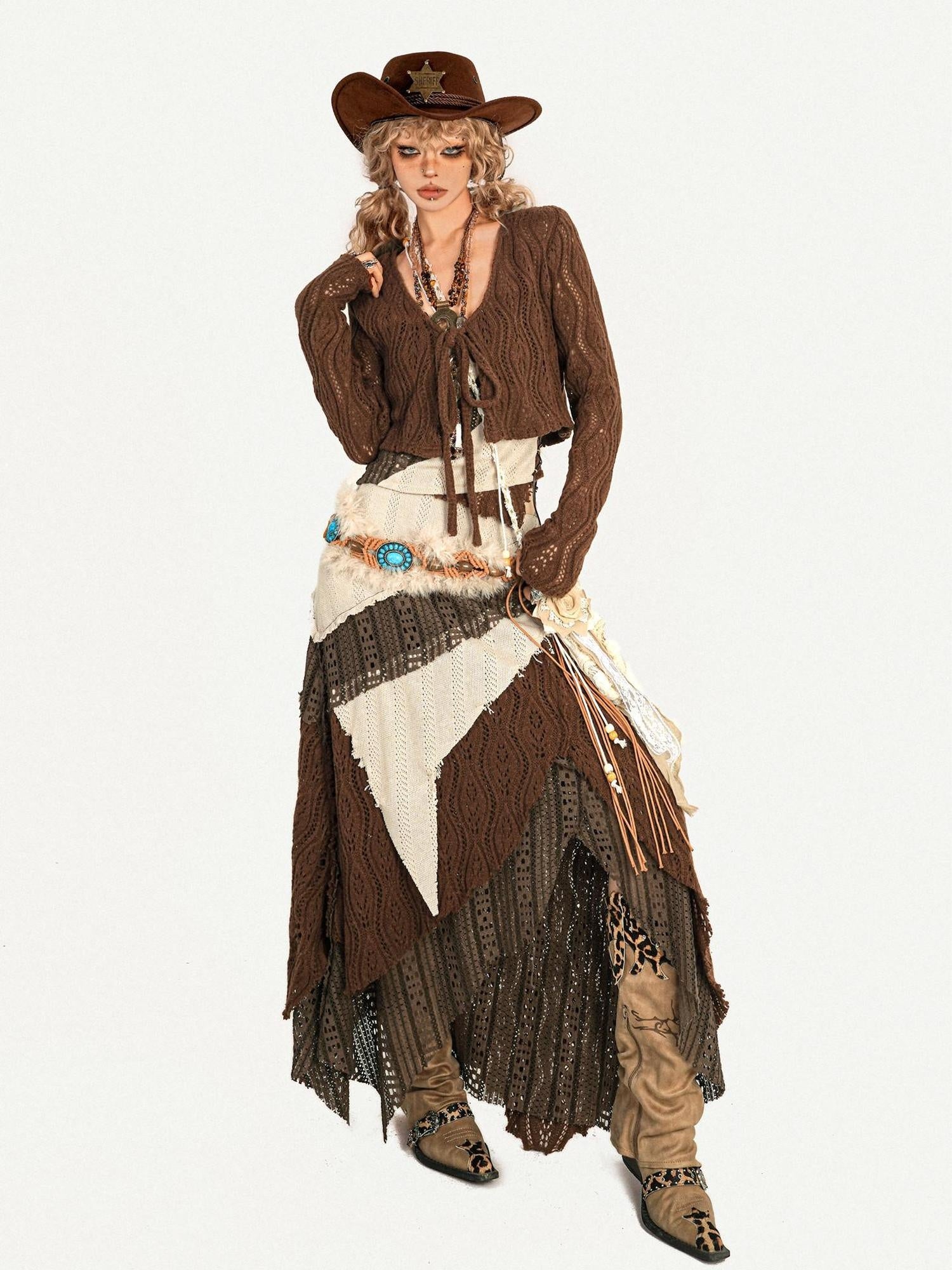 Nico Molly Fringed Knit Slim Fit Vintage Beige High Waist Casual Youth Top & Skirt Sets