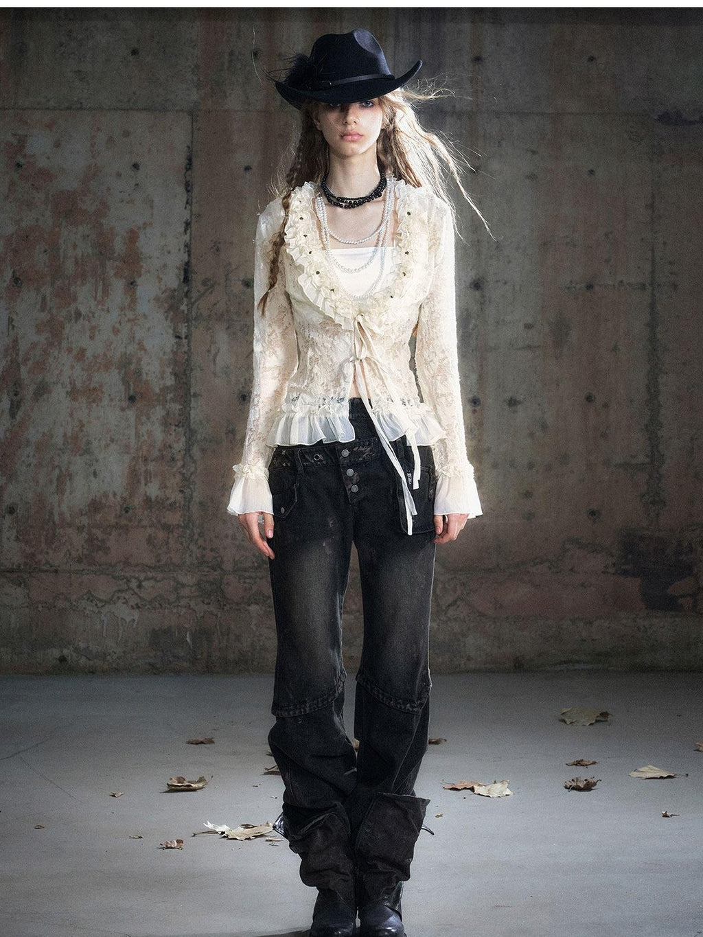 Cest Nous Patchwork Punk Low Waist Asymmetric Women Washed Black Cotton Straightlegjeans