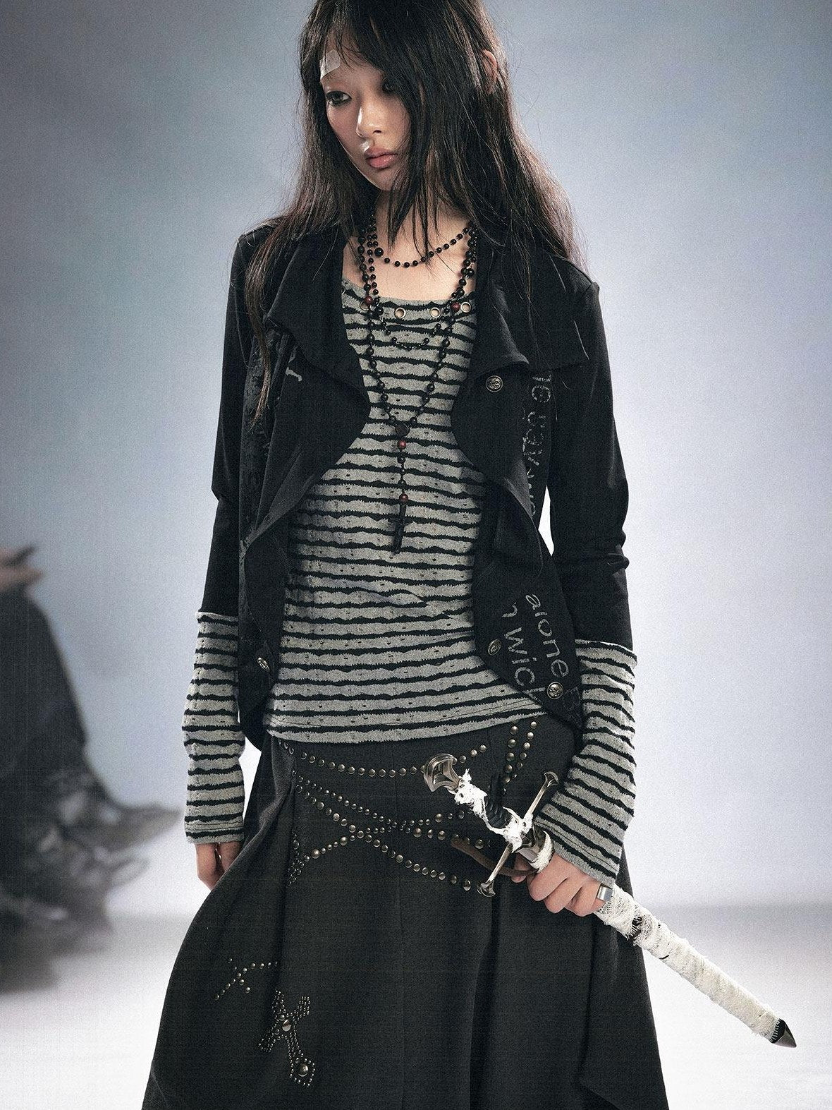 Cest Nous Stretch Cotton Punk Faux Layer Women Striped Pullover Black White Cardigans