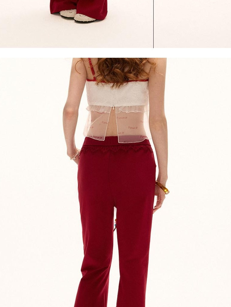 MAMC Slim Cotton Low Rise Drawstring Womens Minimal Red Micro Flare Flared Pants