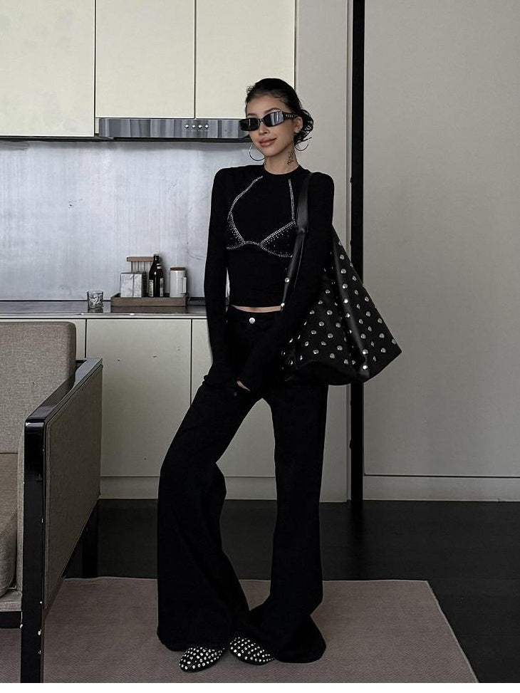 ZERO Low Waist Studded Slim Casual Denim Mid Stretch Black Women Flared Jeans