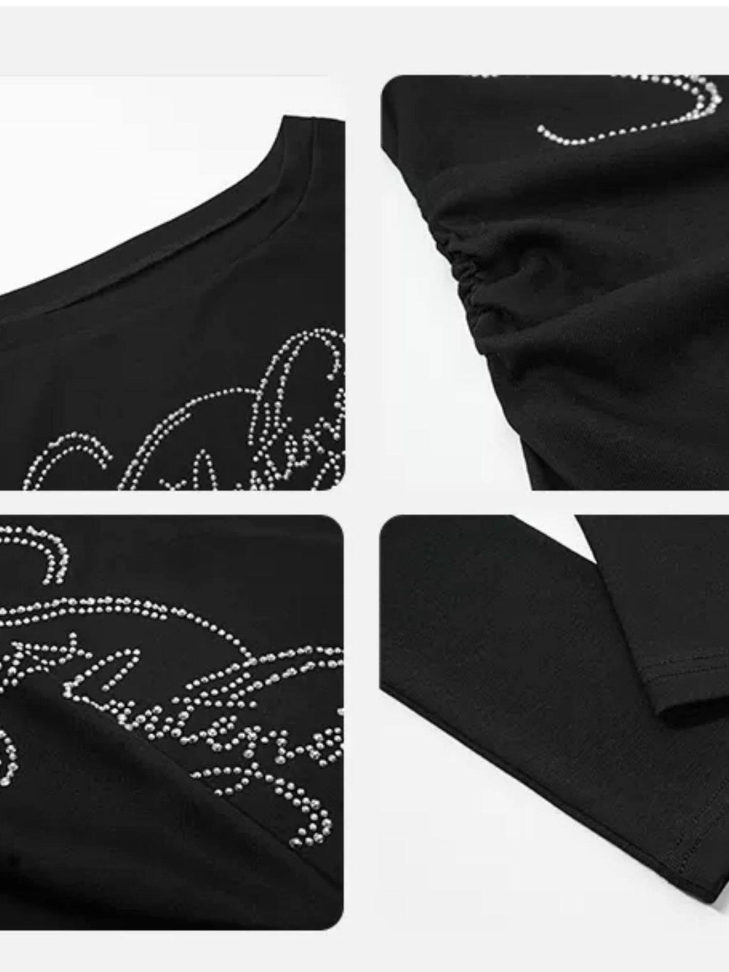 Nico Molly Rhinestone Print Slim One Shoulder Sexy Women Text Long Sleeve T-Shirts