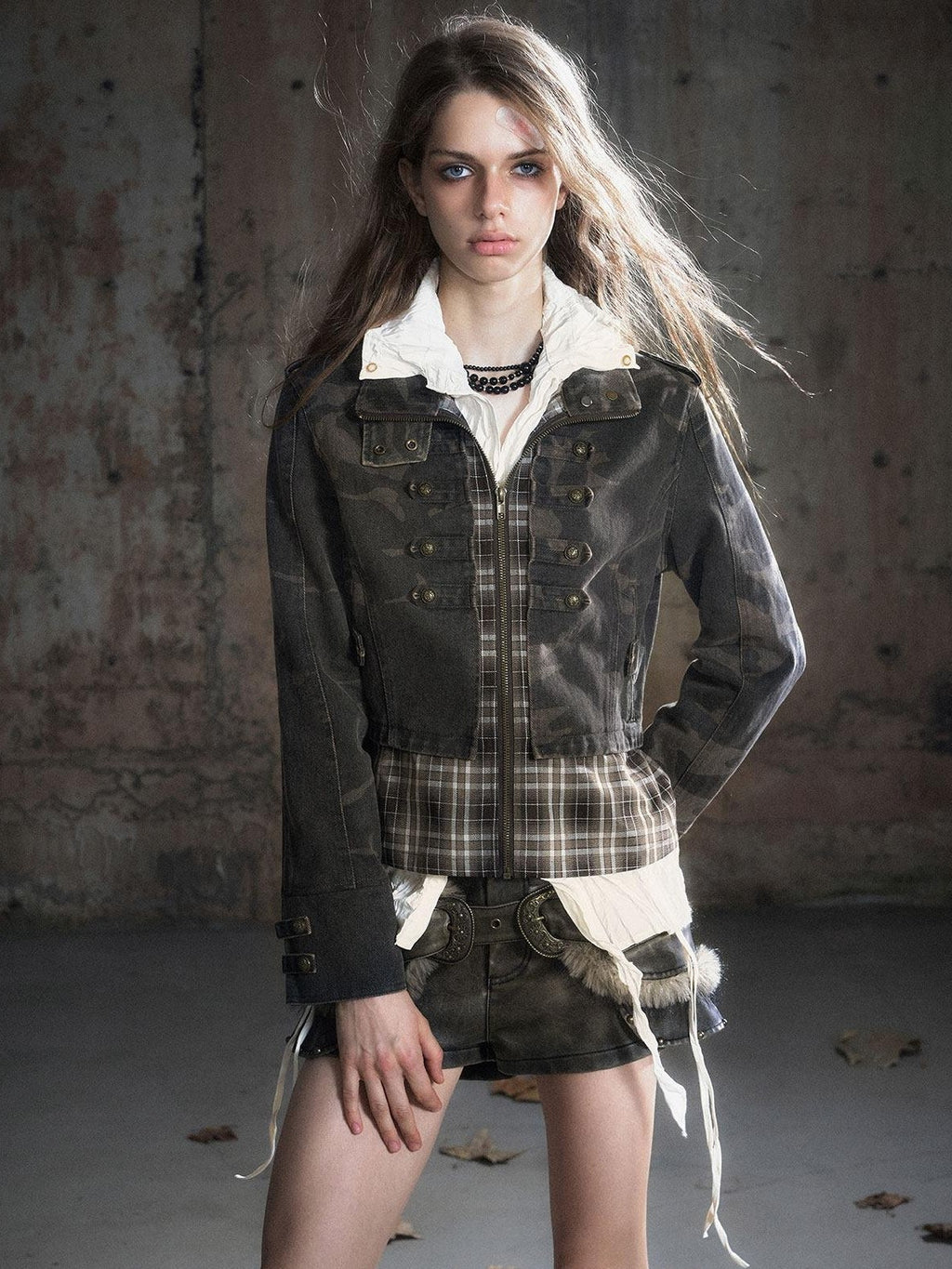 Cest Nous Frayed Punk Stand Collar Camo Cotton Button Long Sleeve Women Croppedjackets