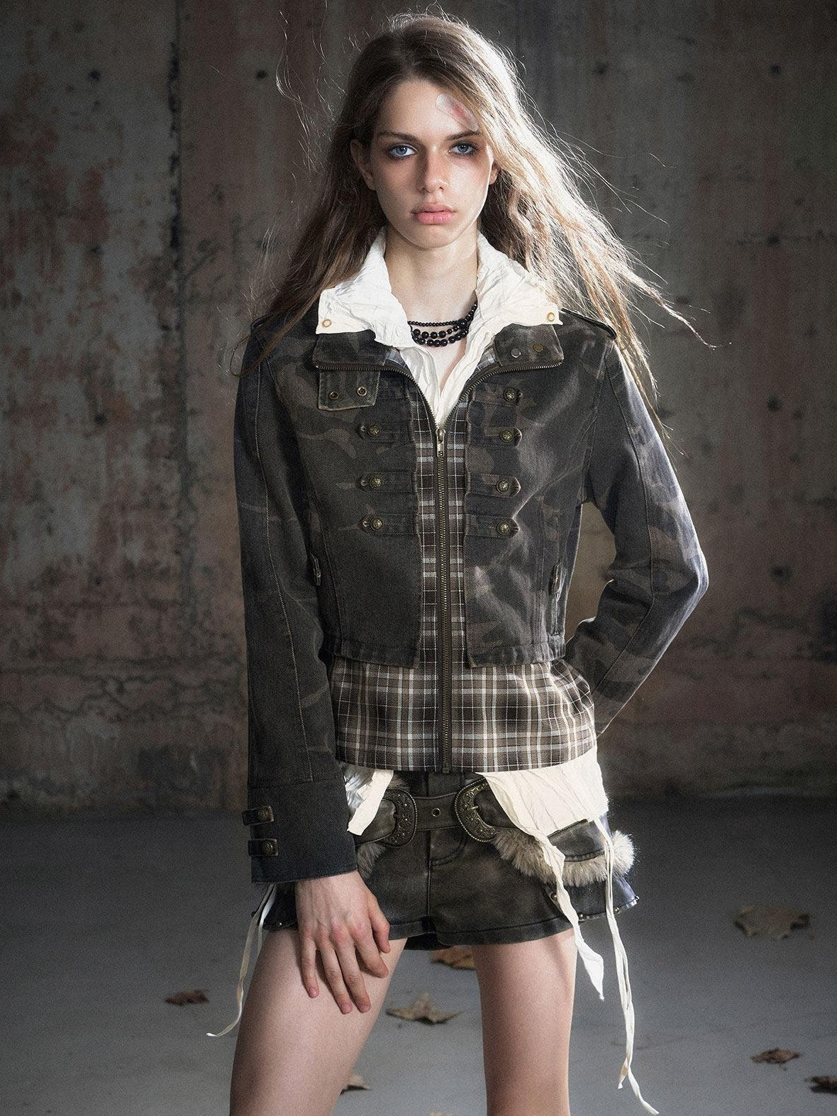 Cest Nous Frayed Punk Stand Collar Camo Cotton Button Long Sleeve Women Croppedjackets