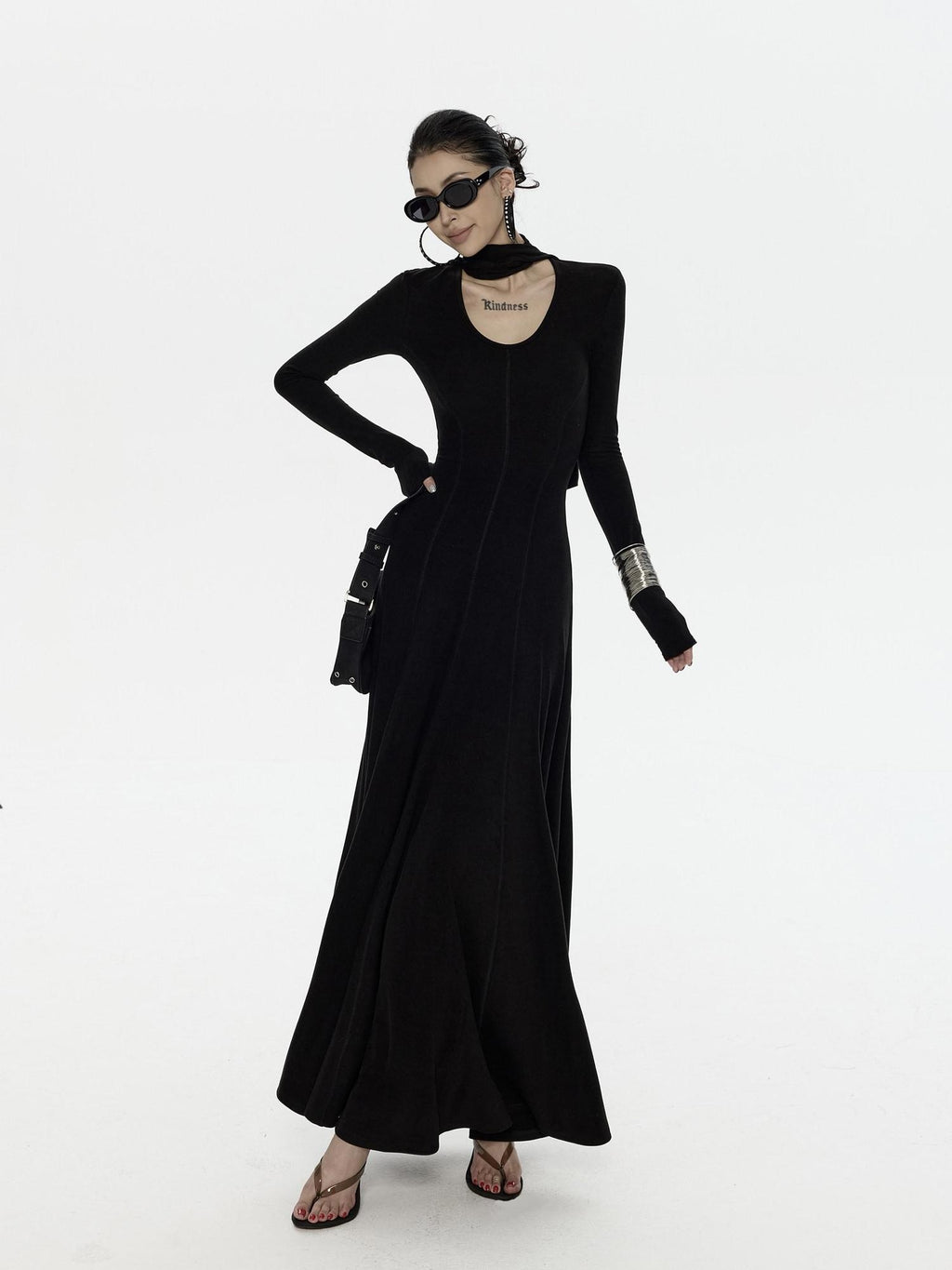 ZERO High Stretch Viscose Casual Flared Long Sleeve V-neck Women Maxi Dresses