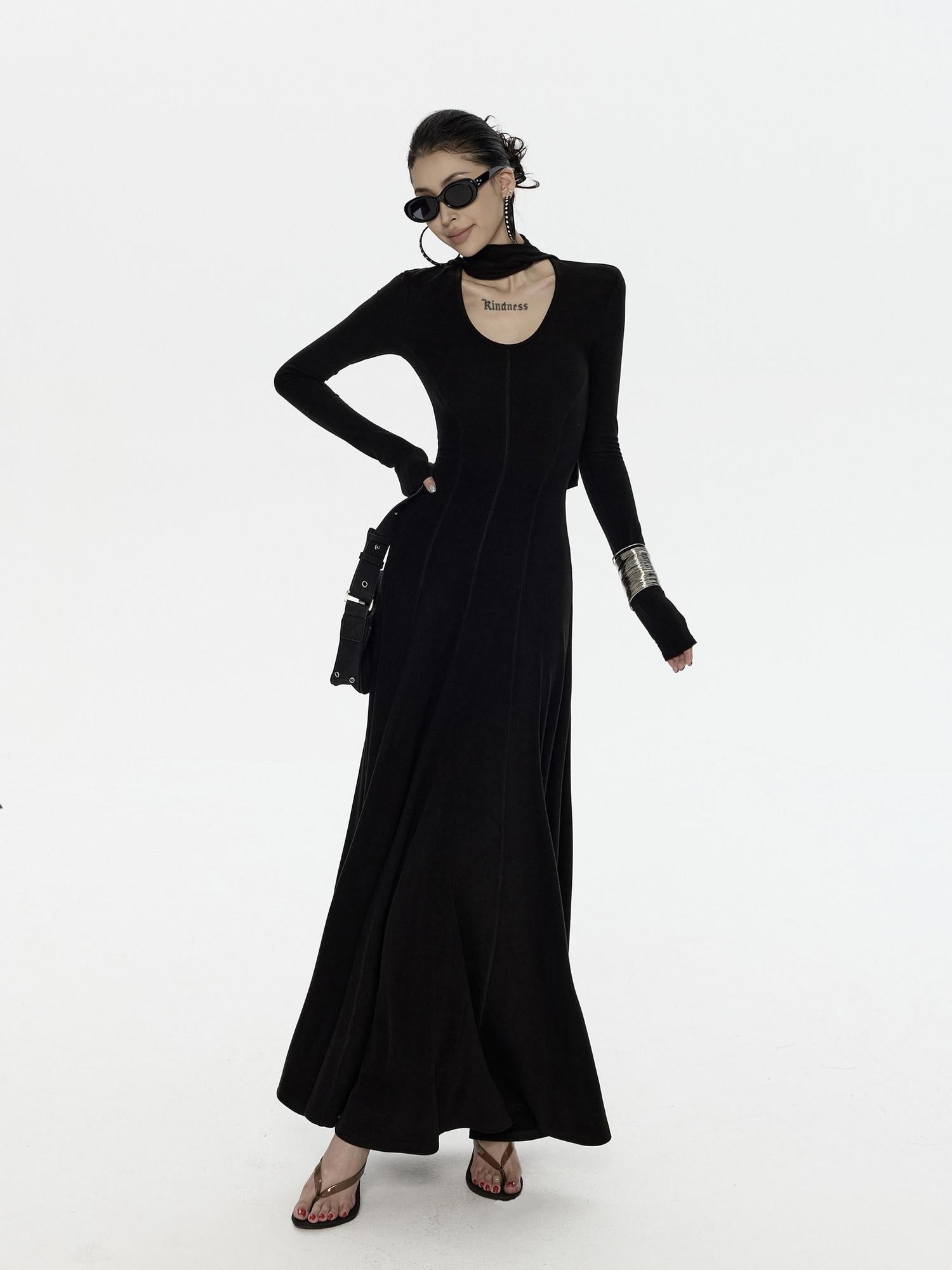 ZERO High Stretch Viscose Casual Flared Long Sleeve V-neck Women Maxi Dresses