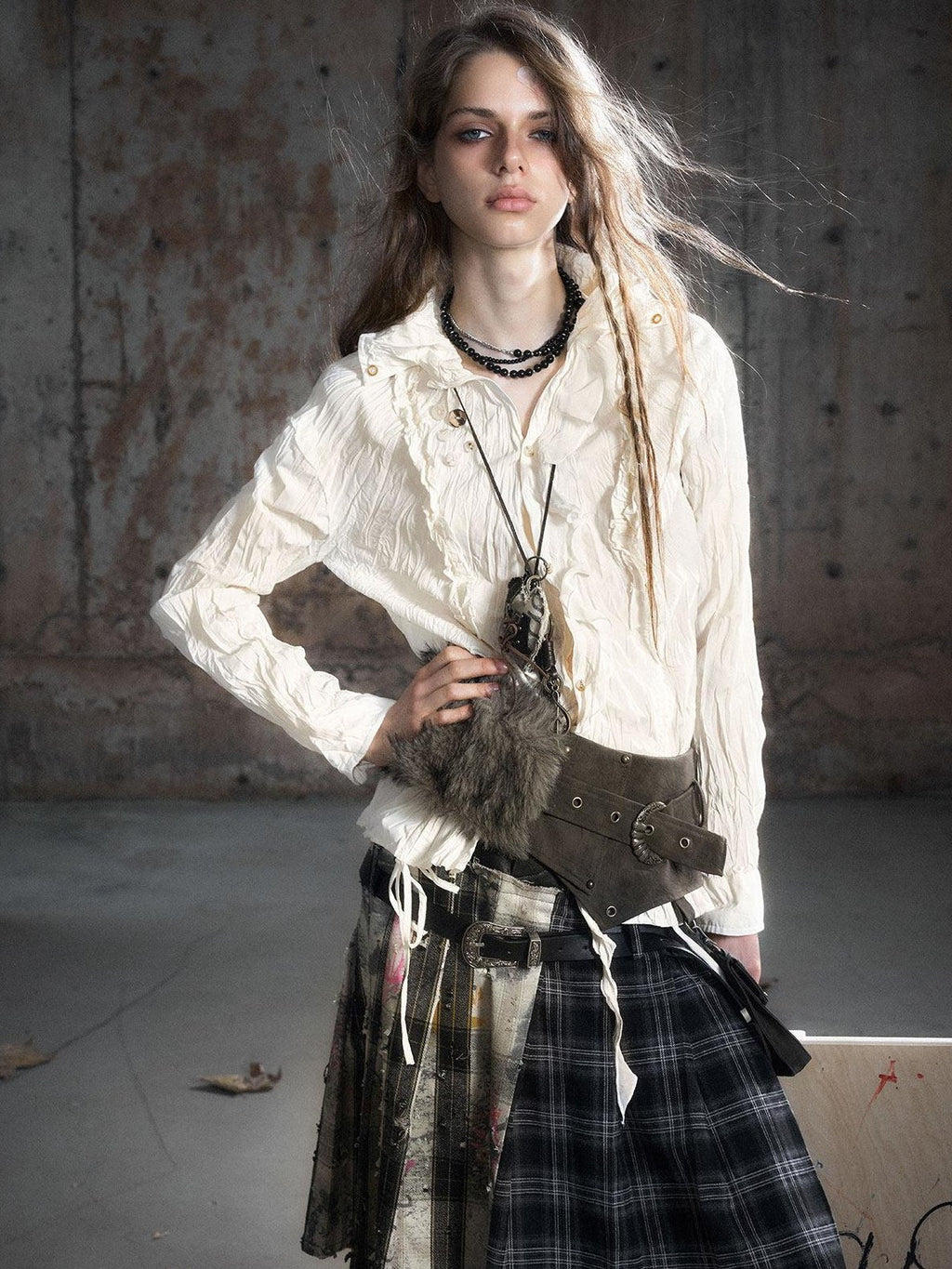 Cest Nous Punk Ruffle Check Straight Cardigan Long Sleeve Womens Casual Polyester Blouses