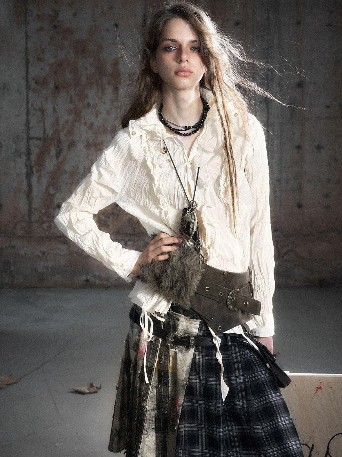 Cest Nous Punk Ruffle Check Straight Cardigan Long Sleeve Womens Casual Polyester Blouses