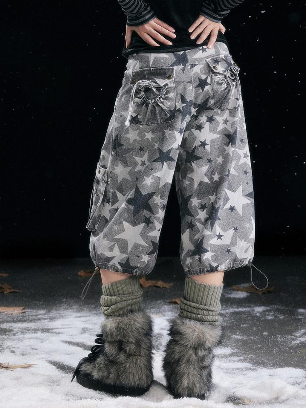 Cest Nous Distressed Grey Camo Cotton Tapered Button Fly Pockets Women Cargopants
