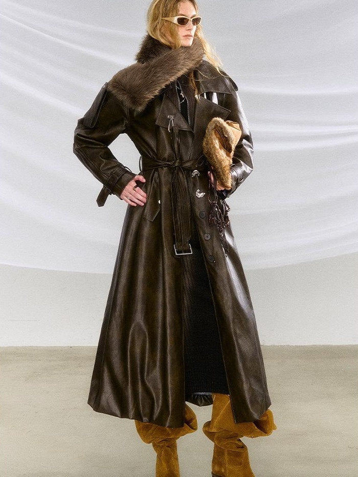 OfAkiva Thick Faux Leather Slim Fit Blazer Collar Pocket Midlength Women Long Coats