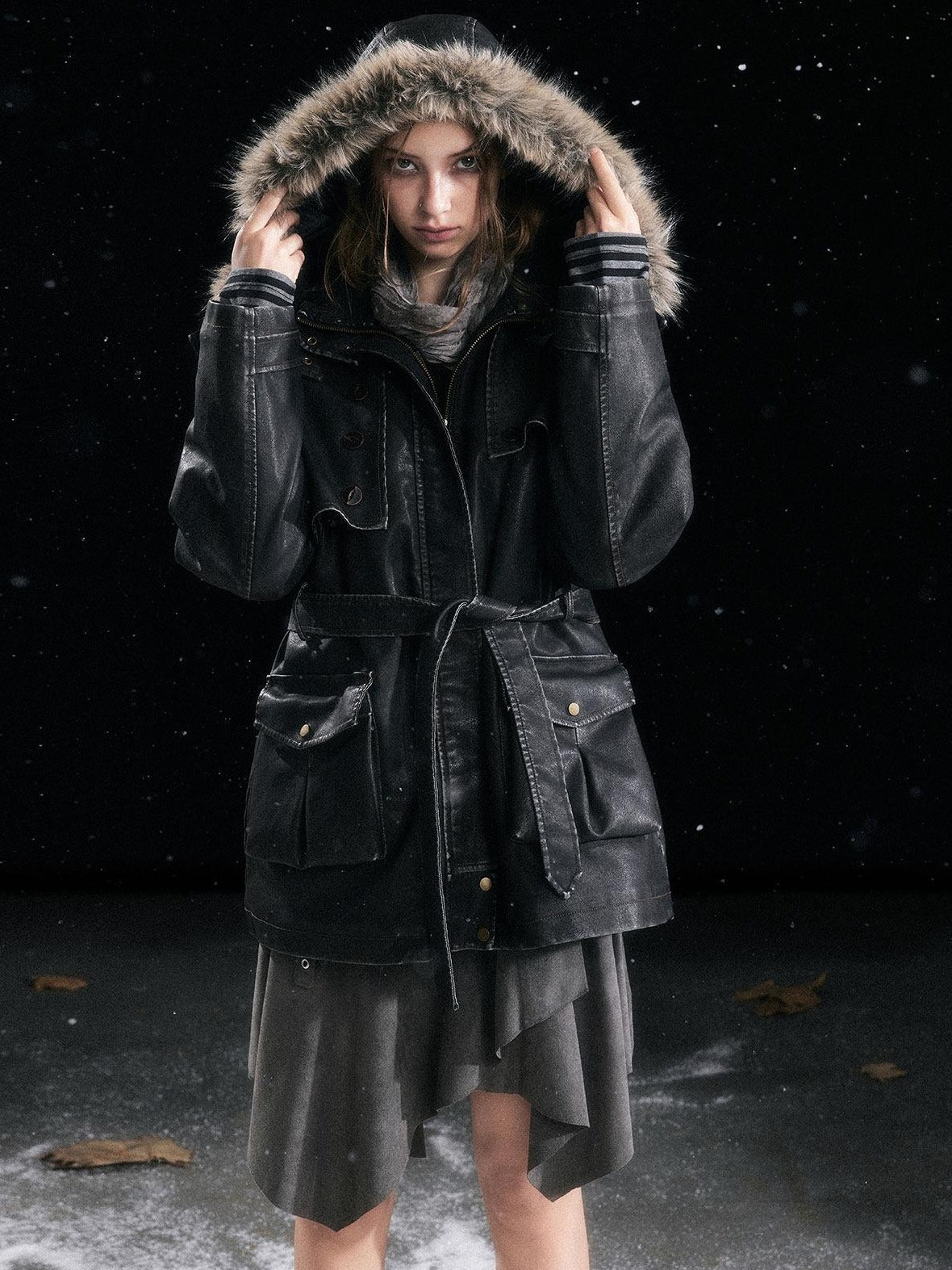 Cest Nous Insulated Commuter Hooded Straight Women Washed Black Leatherjackets