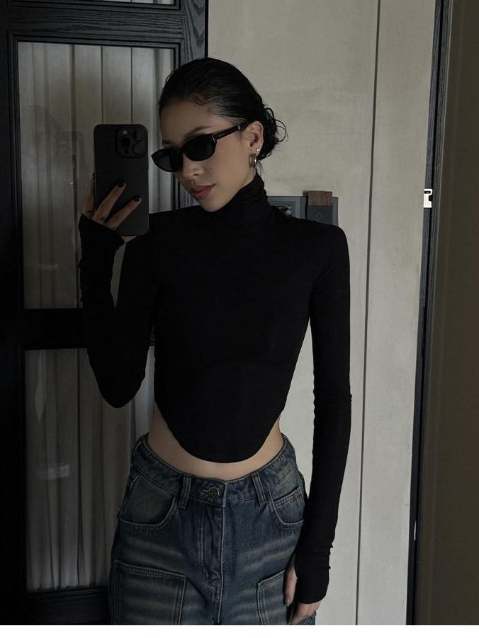 ZERO Lyocell Knit Thick Slim Cropped Top Casual Women Black Long Sleeve Crop Tops
