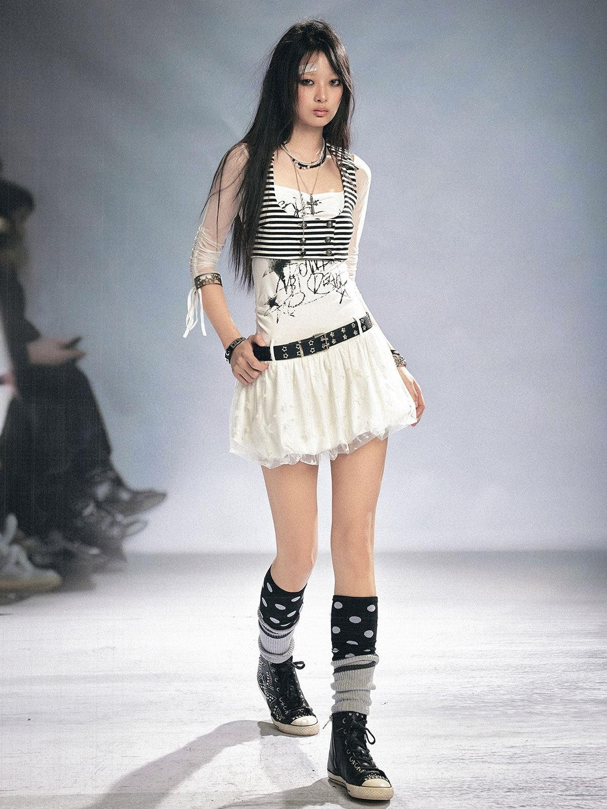 Cest Nous Printed Mesh Stretch Cotton Punk Strappy Puff Skirt Slim Fit Urban Minidresses