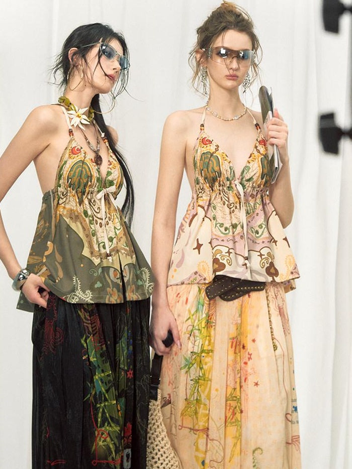 OfAkiva Floral Print Slim V-neck Tie Front Short Women Green Beige Halter Crop Tops