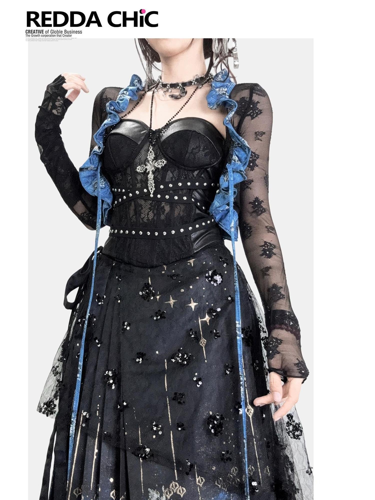 REDDACHIC Gothic Colorblock Lace Ruffle Tie Short Women'S Recycled Polyester Cardigans
