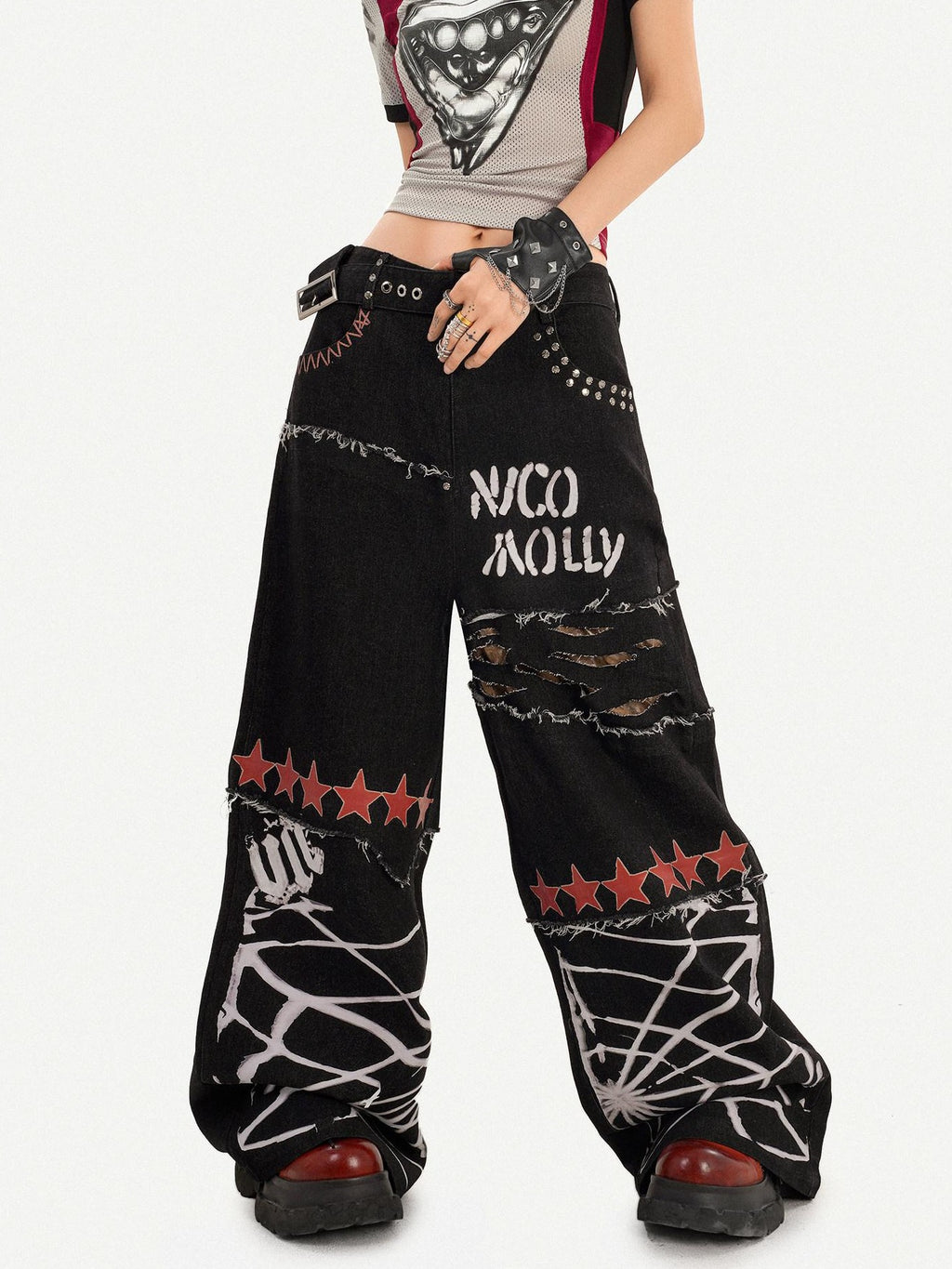 Nico Molly Ripped Natural Waist Relaxed Button Fly Letter Black Women Wide Leg Jeans