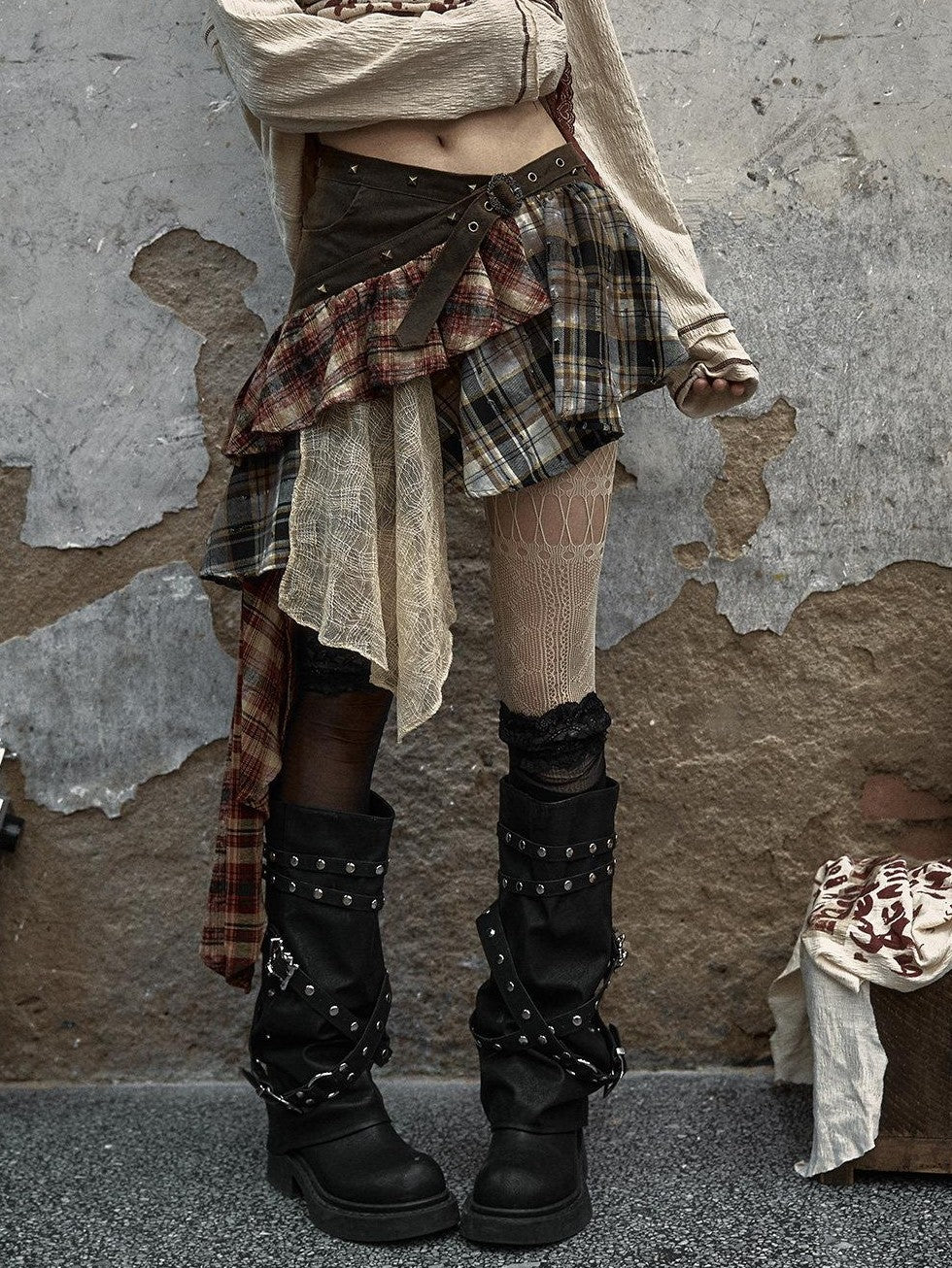 NO ROMANCE Punk Asymmetric Plaid Patchwork Rivet Women'S Cotton Midi Skirts