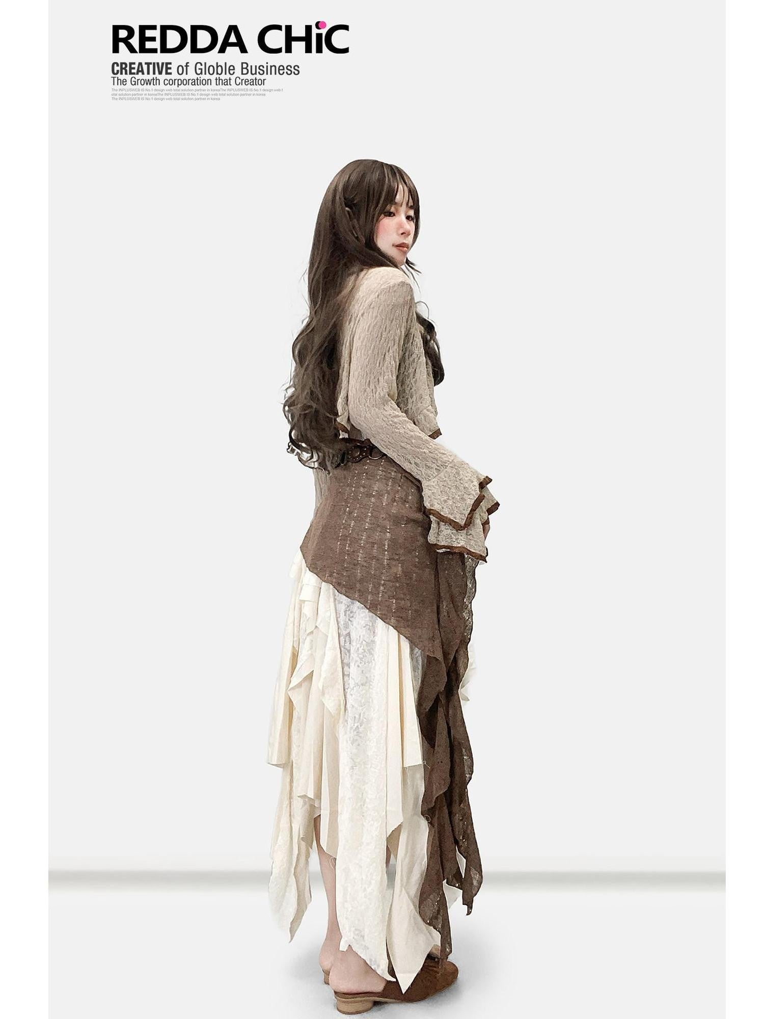 REDDACHIC Vintage Brown Ruffle Asymmetric Cami Women'S High Waist Top & Skirt Sets