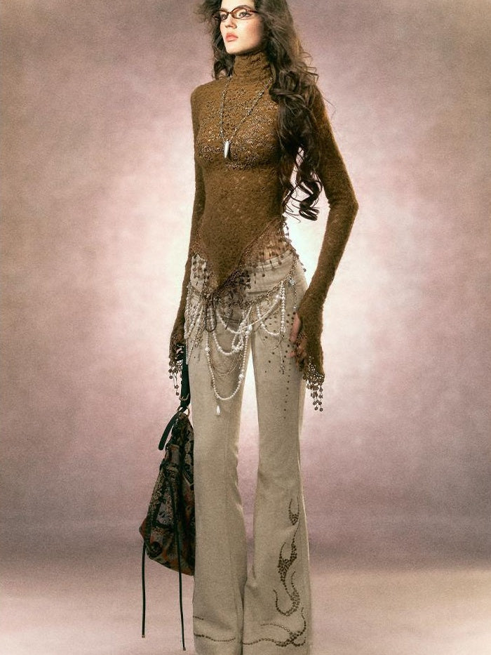 OfAkiva Rhinestone Embroidered Vintage Low Rise Slim Fit Casual Women Flared Pants