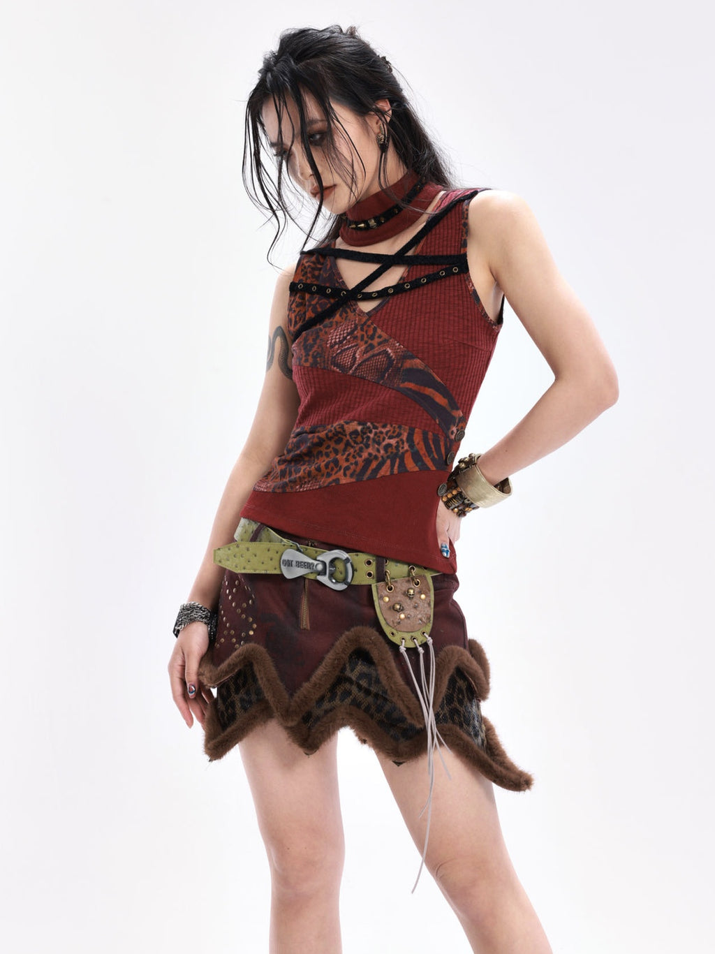 OPEN AESTHETIC Original Design Slim Fit Button Patchwork Striped Women Dark Red Tank Tops