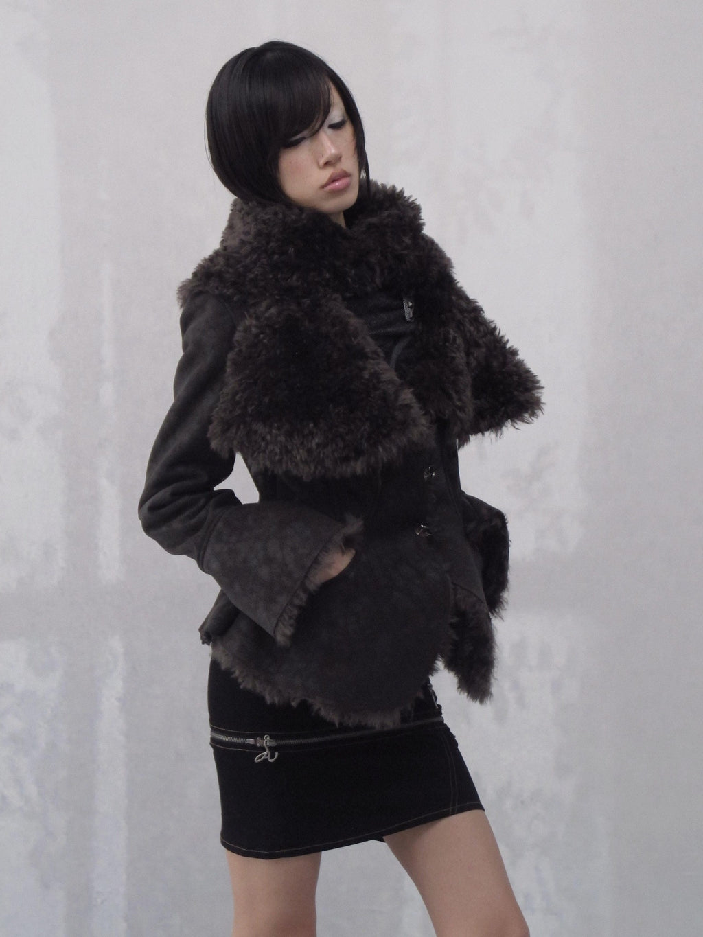 OPEN AESTHETIC Warm Faux Fur Oversized Lapel Collar Women Dark Aesthetic Black Casual Jackets