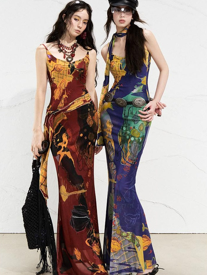 OfAkiva Sexy High Waist Square Neck Strappy Printed Stretch Polyester Maxi Dresses